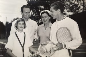 Susan Snyder (WTC girls junior champion), Jack Kramer, Ruth Hancock (WTC president) and Tony Trabert